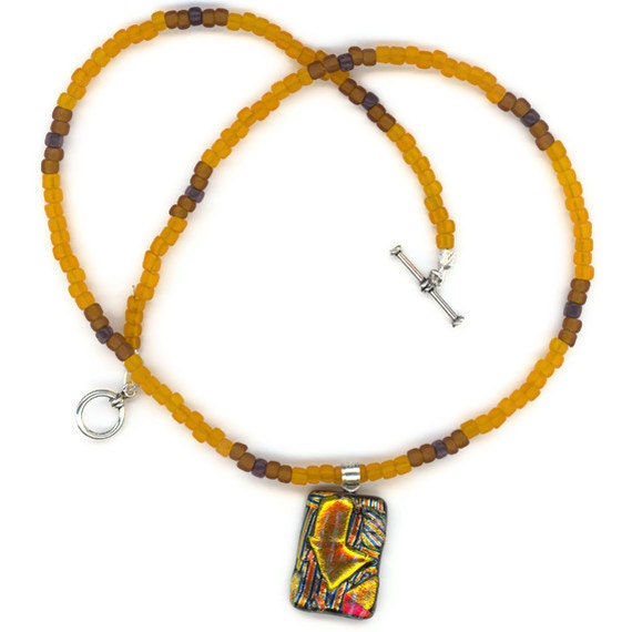 Bold Gold and Brown Dichroic Glass Pendant Beaded Necklace