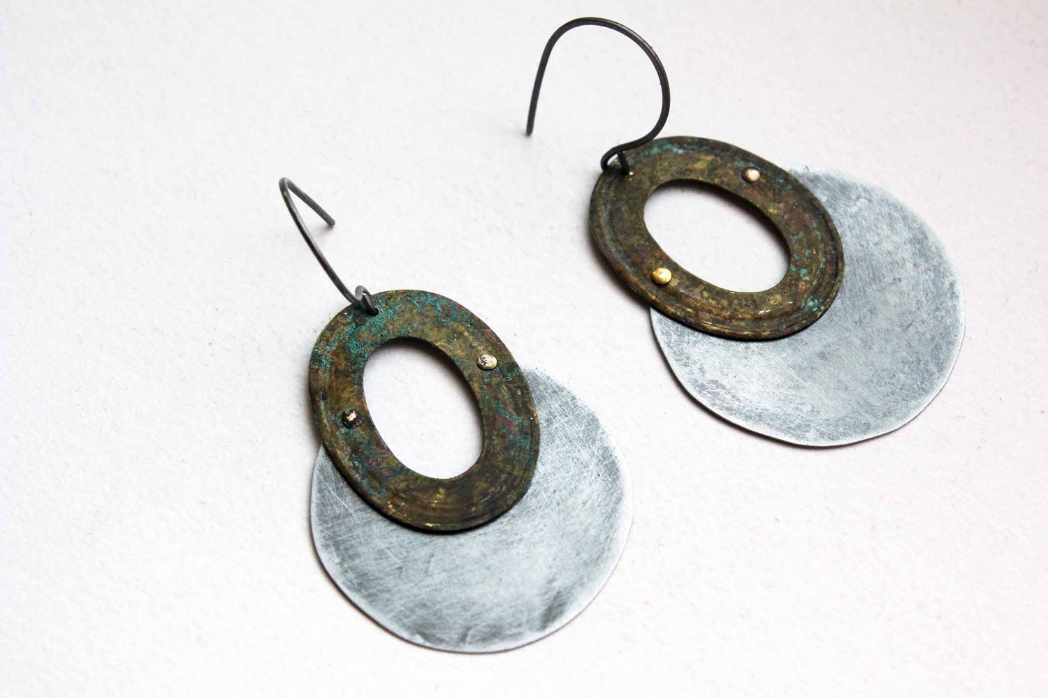 Rustic hoops earrings verdigris patina oval brass  textured silver metal disc urban industrial