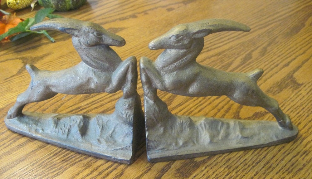 a pair of antique cast iron bookends Gazelle Littlestown foundry Art Deco 1920's