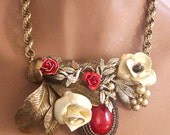 Statement Necklace Red Roses and Cherry Blossom Vintage  a Second Look Vintage