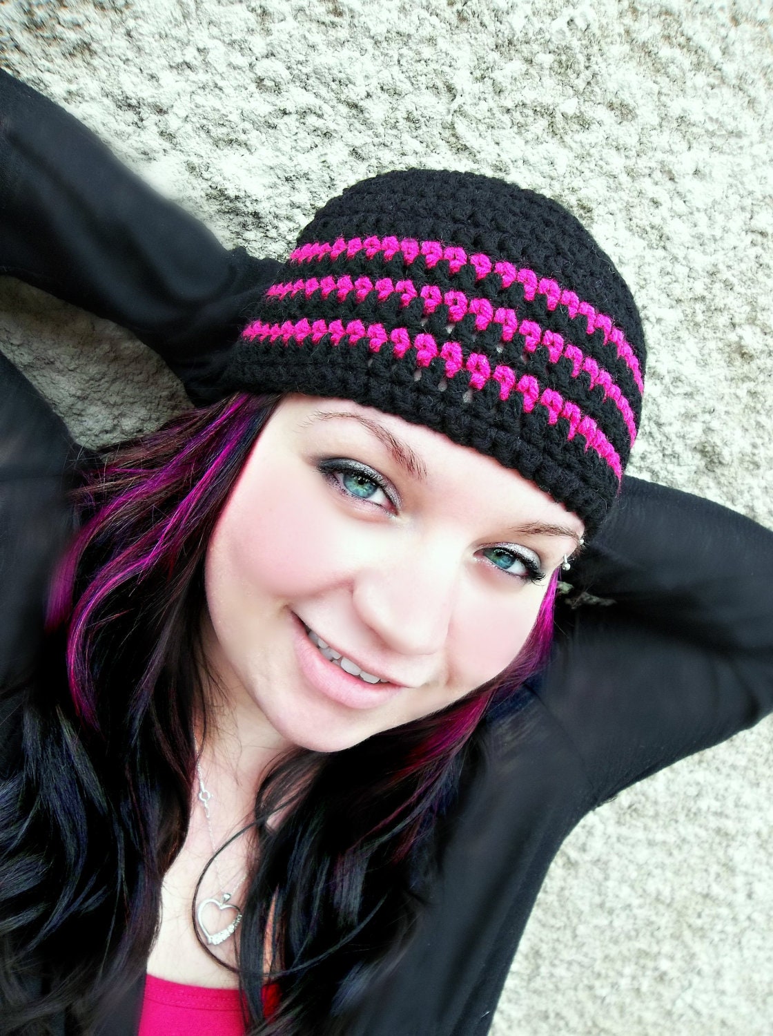 Beanie Crocheted  - Black Pink Magenta Skull Cap