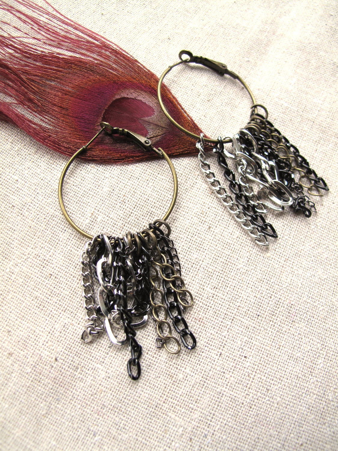 FREIGHT ST Earrings - Mixed Metal Chain Brass Hoops