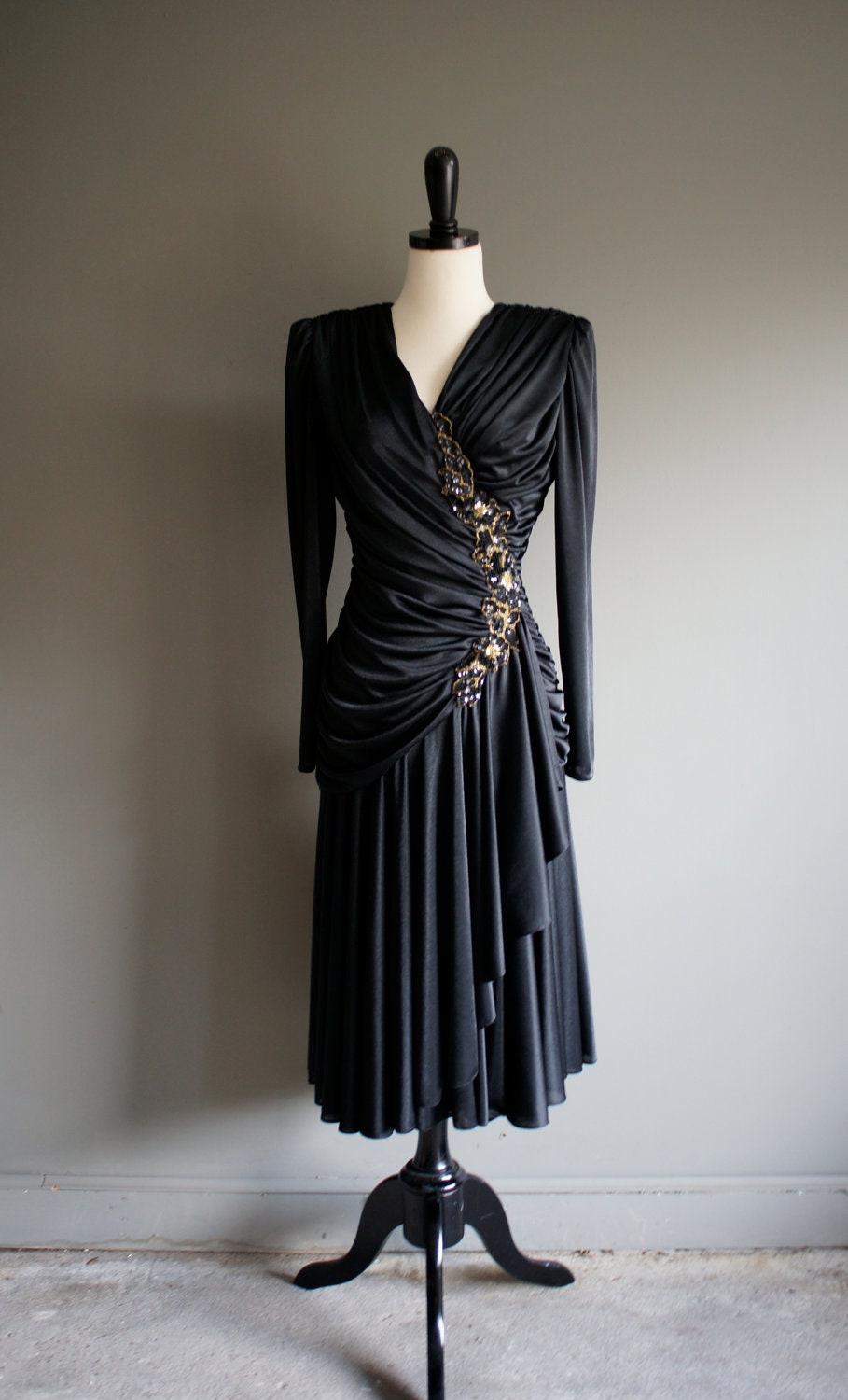 80s Black EVENING Cascading RUCHED Ruffle Sequin Applique WRAP Dress (s-m)