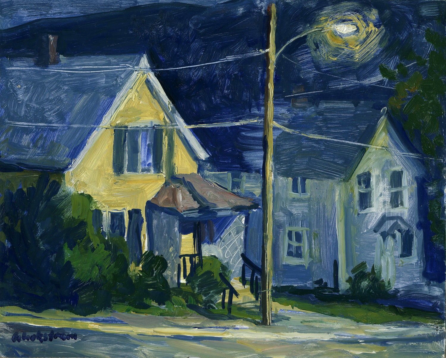 Original Oil Painting, New England Nocturne. Small Framed Realist Impressionist Cityscape Landscape