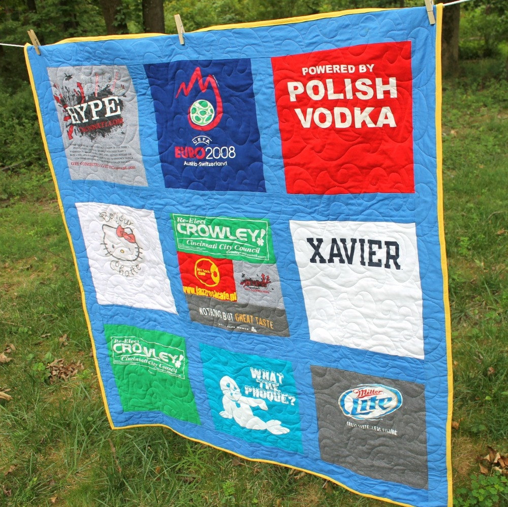 T Shirt Quilt, Custom Made, Lap Size, Throw Blanket, 9 Patch Squares, Totally Quilted