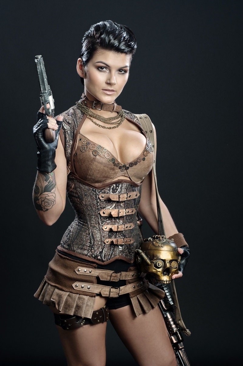 Steampunk outfit Corset/ Collar/ Leather skirt / Leather bra /shorts for TSericalam ONLY - MeschantesCorsetry