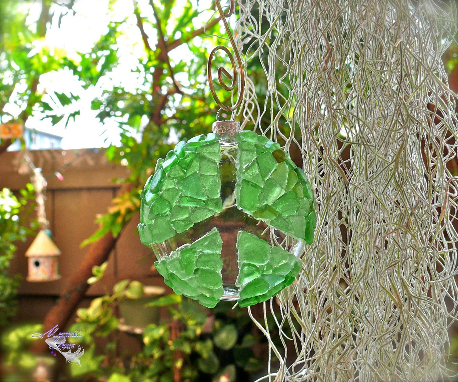 Sea Glass Christmas Ornament, Hawaiian Holiday Decor, Seaglass Peace Sign