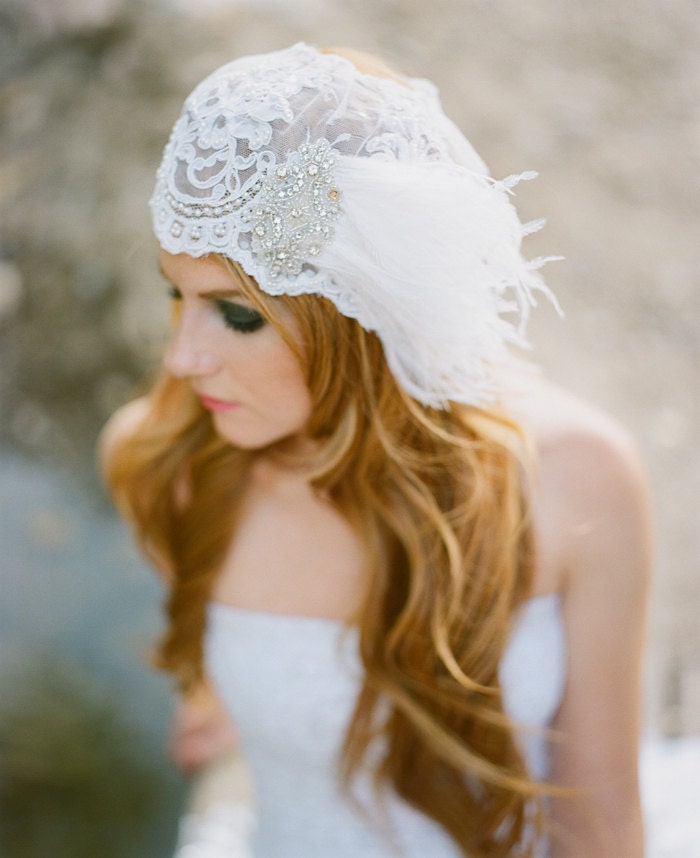 Beaded Veil Bridal Cap with Rhinestone App and Ostrich Plume