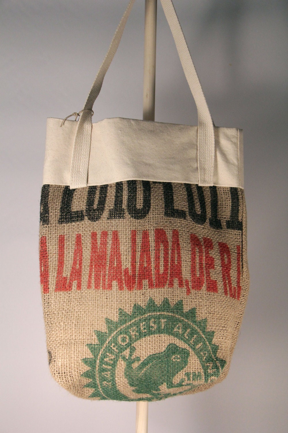 Recycled Burlap Coffee Sack Market Tote - Rainforest Frog print