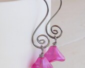 Hot Pink Flowers Earrings on Swirly Niobium Ear Hooks Nickel Free Earrings for Sensitive Ears Hypoallergenic Earrings