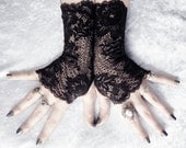 Nephthys Long Lace Fingerless Gloves - Black Floral Scroll - Gothic Vampire Wedding Fetish Dark Tribal Bellydance Burlesque Goth Bridal Mori