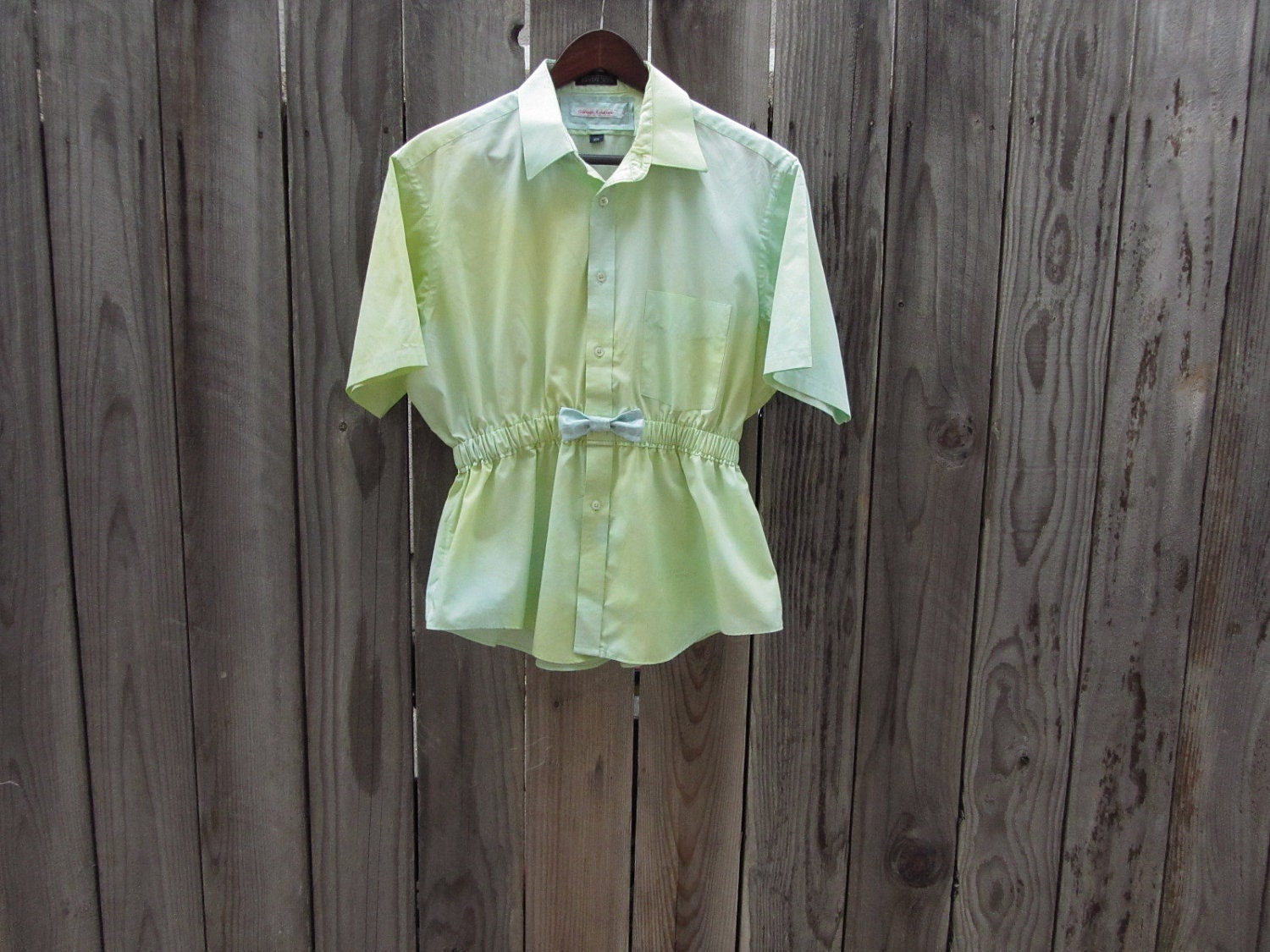 Ombre Blouse in Green and Yellow with Polka Dot Bow / Upcycled Clothing / made from man's shirt / Women Tops Blouses / by Garage Couture