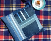 20" Denim Pillow, Patchwork and Ribbons, 20 inch Pillow Case, Eco Friendly  - Denim Blue, White and Blue