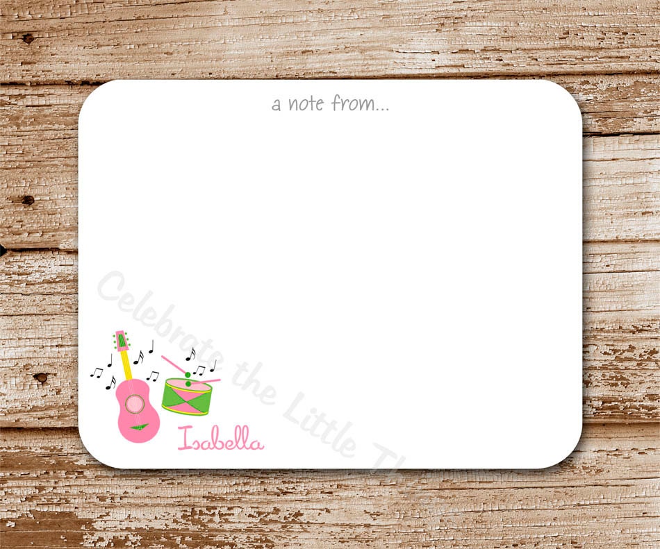 Set of 12 Music Time Personalized Thank You Note Cards : stationery, guitar, drum, boy and girl colors Il_570xn