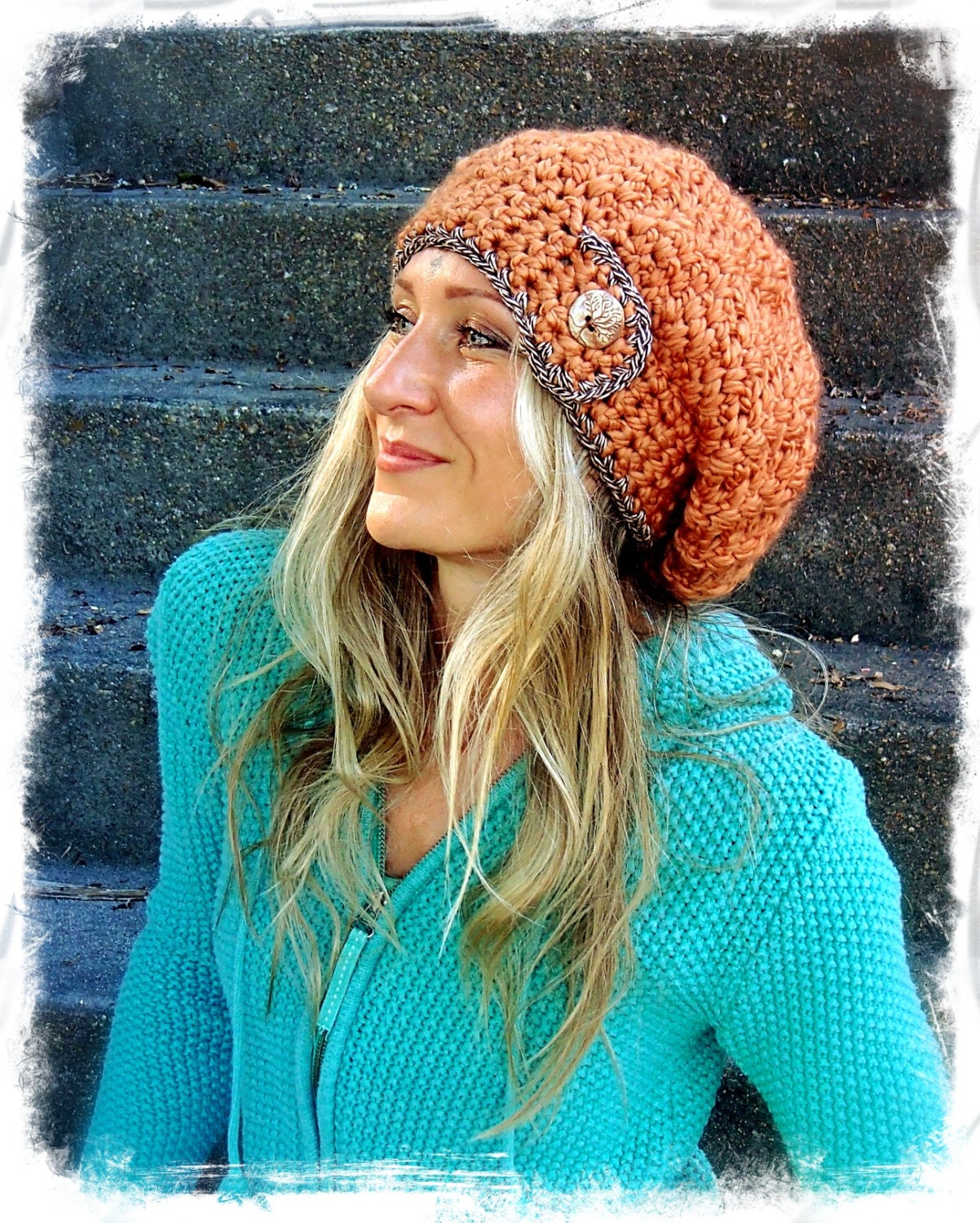 JUMBO SLOUCHY Beanie hat in Copper Crochet slouch hat TREE button hand made Hat Women slouchy Beanies wool Beret Groovy Girls