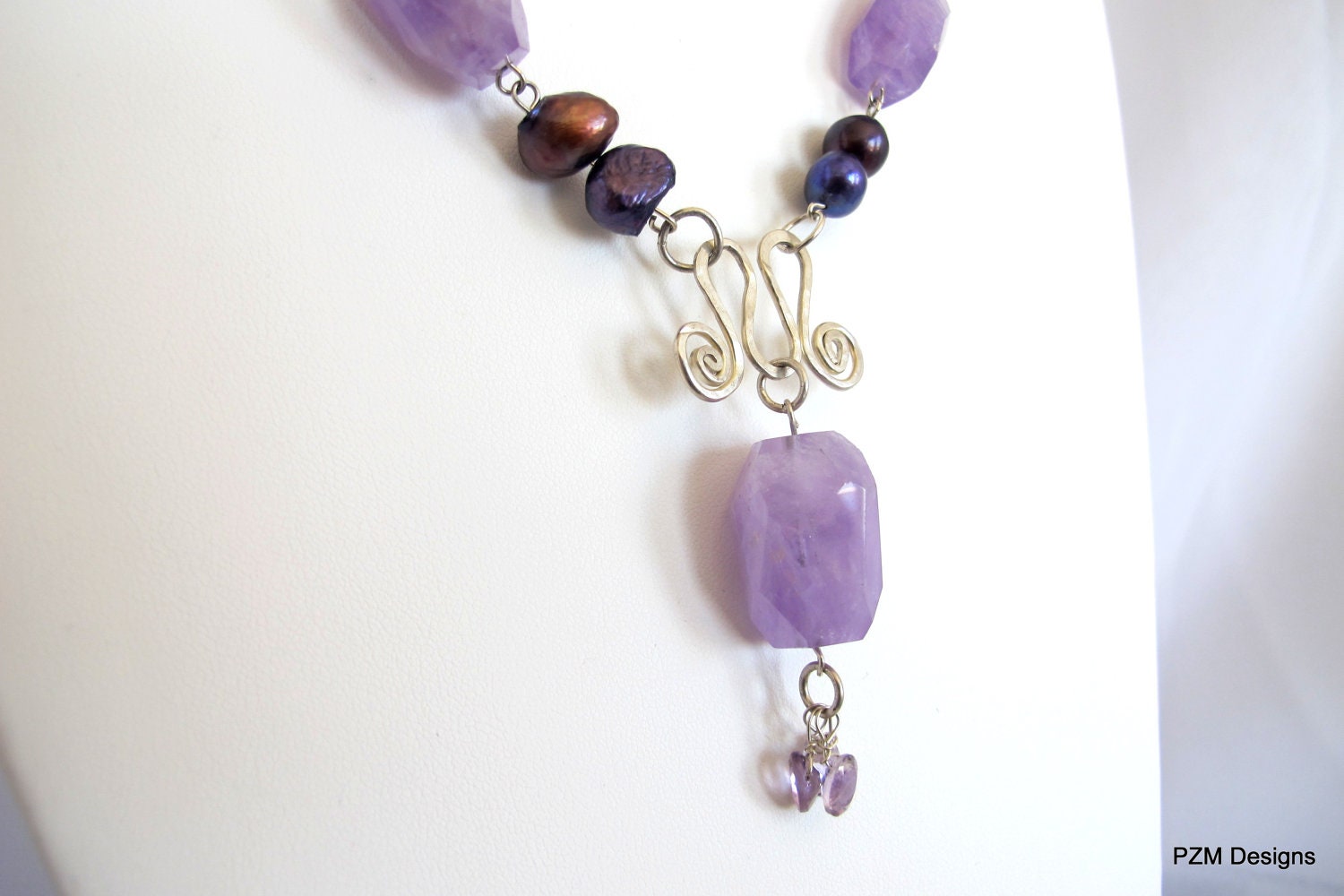Lilac amethyst necklace with pearls, artisan statement pendant necklace, February birthstone, sterling silver, tribal style fine jewelry