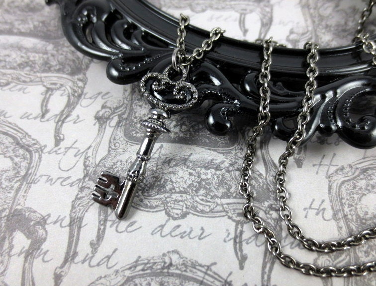 Long Key Necklace - Small Dark Silver Pendant Gunmetal Layering Chain