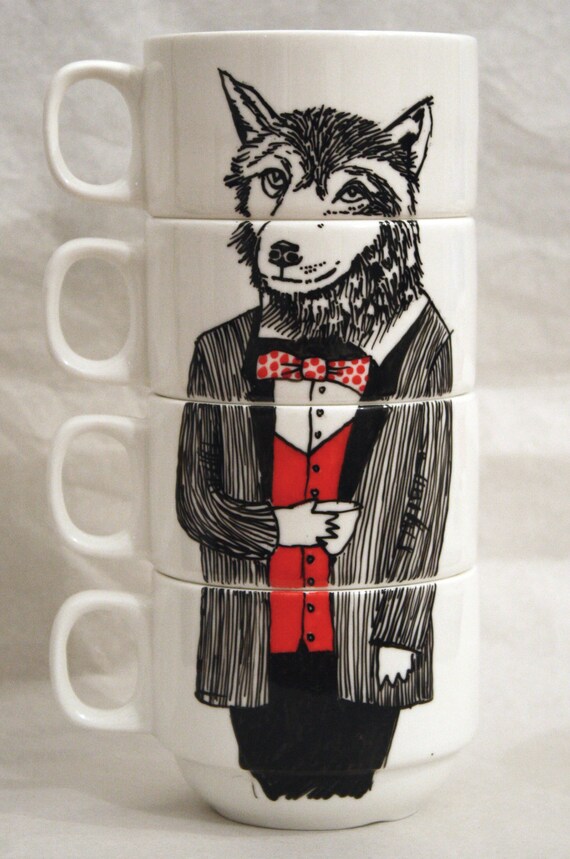 Hand painted set of 4 Coffee cups - Mr Wolf