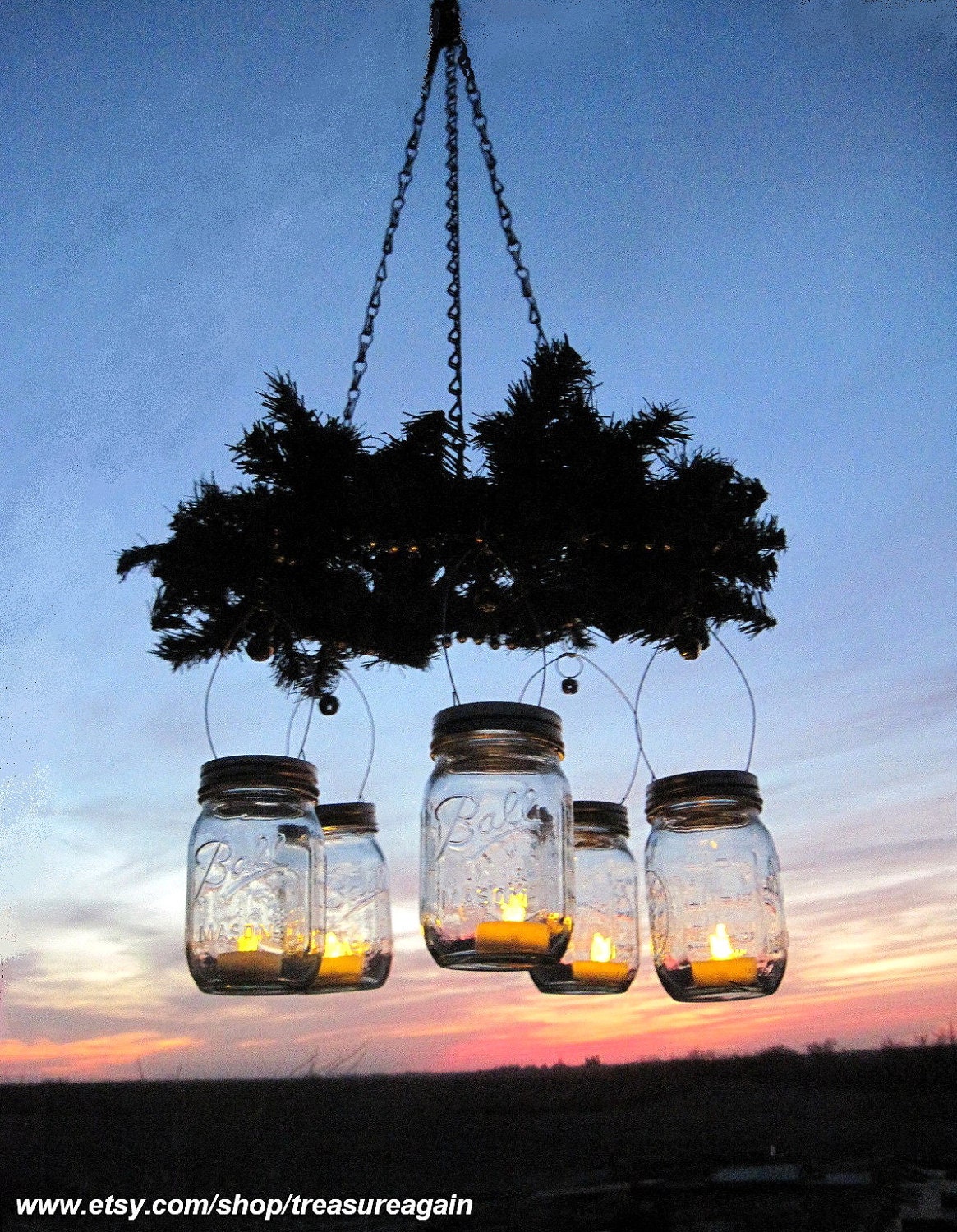 Mason Jar Wreath Chandelier,  Winter Wedding Candle Chandelier, Christmas Holiday Wreath Decor