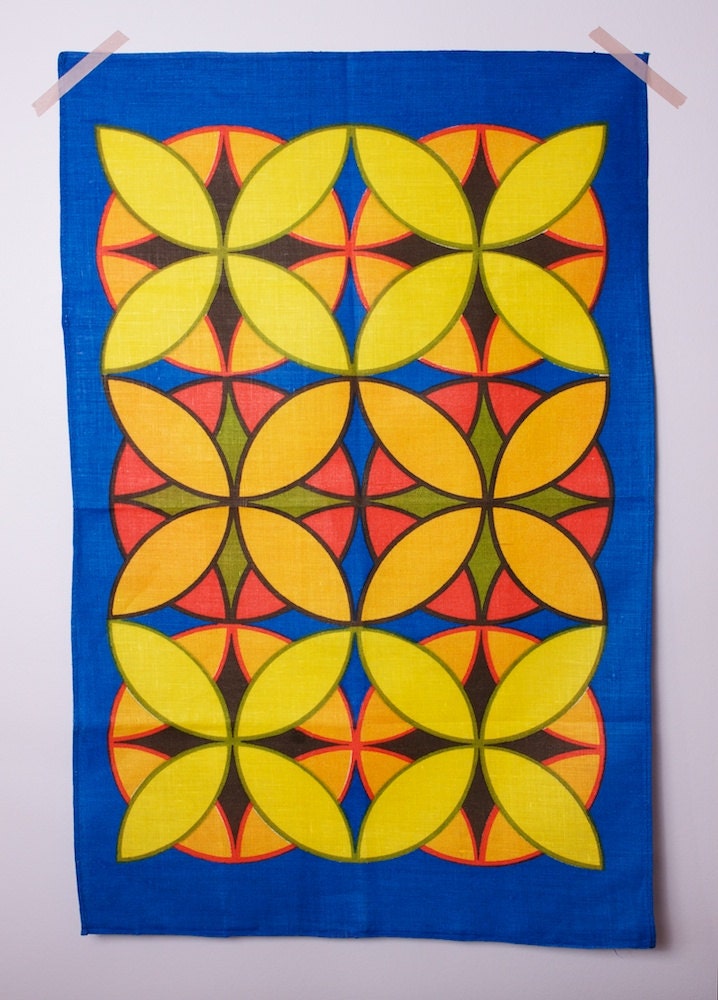 Vintage Linen Tea Towel Mid Century Stained Glass