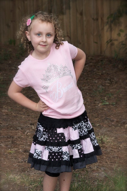 Damask Light Pink Dot Patchwork FULL Flare Ruffled Twirl Skirt - 5, 6, 7