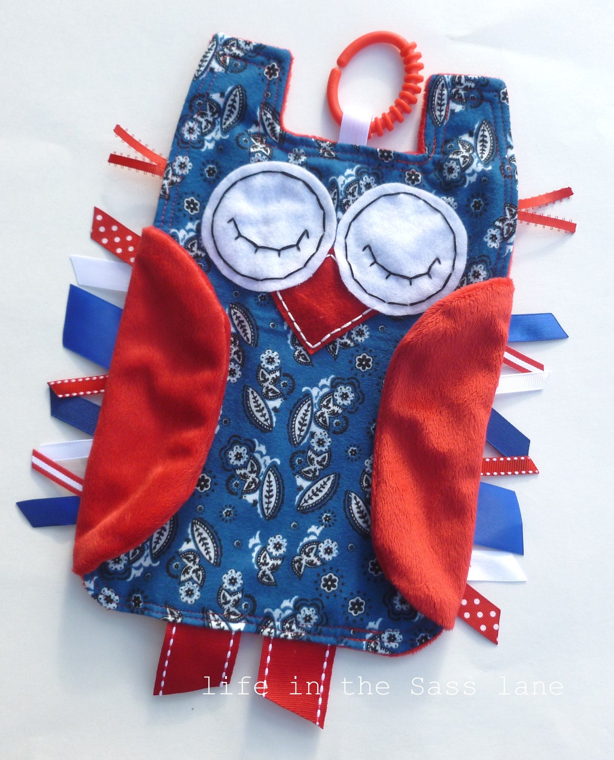 Blue Bandana Print OWL Ribbon Tag Baby Blanket with Red Minky and Teething Link Ring Flannel Blankie Lovey Lovie Baby Gift