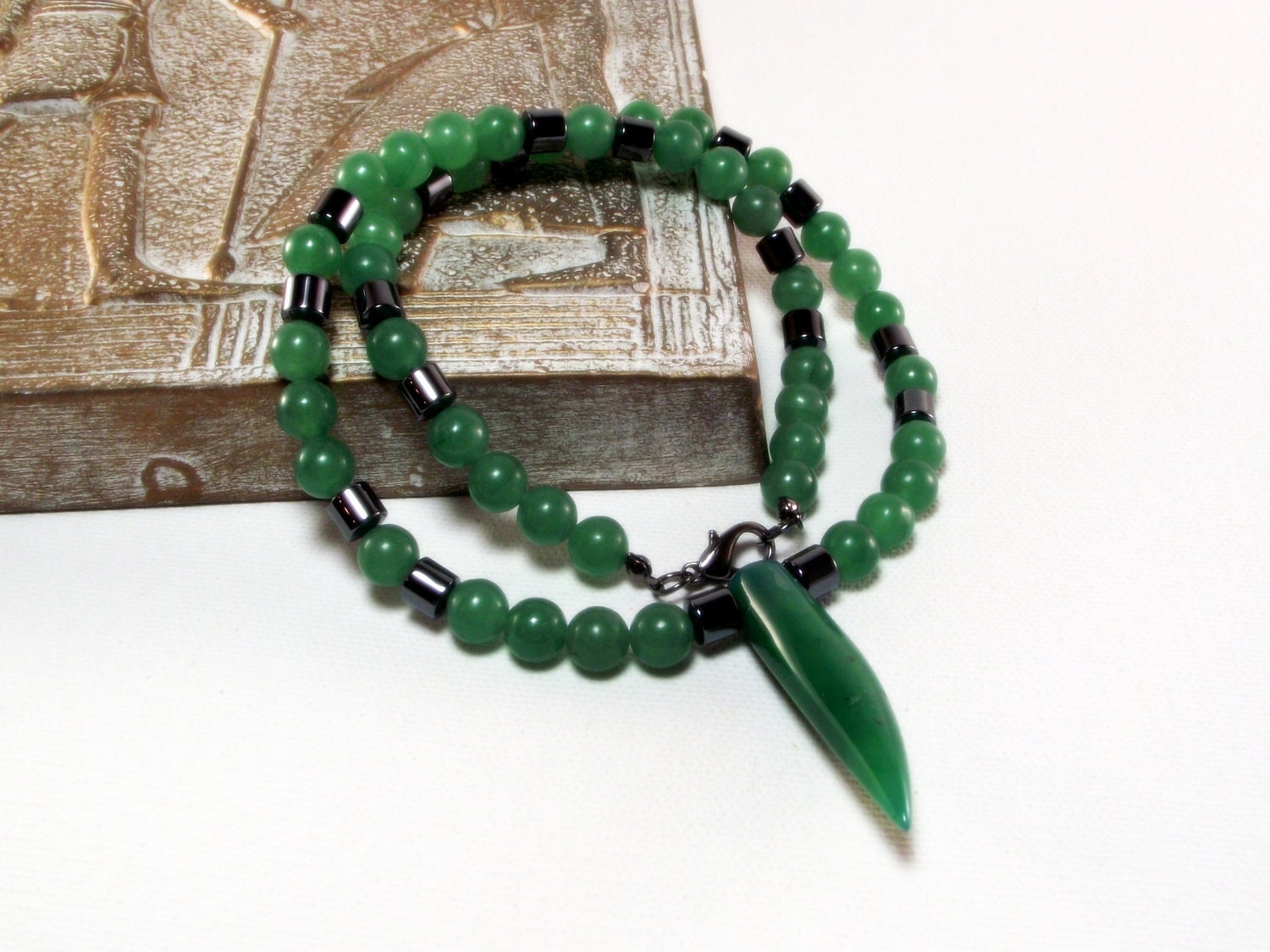 Mens Beaded Necklace -  Green Aventurine and Hematite Mens Necklace