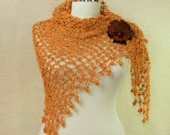 Saffron's Elegancy / Crochet Mustard Cotton Shawl Wrap Neck Lace / Leather Flower Brooch with Carnelian / Spring Summer