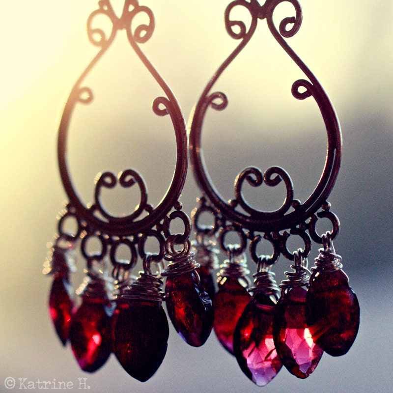 Sterling Silver Chandelier Earrings - Genuine Garnet Faceted Gemstones