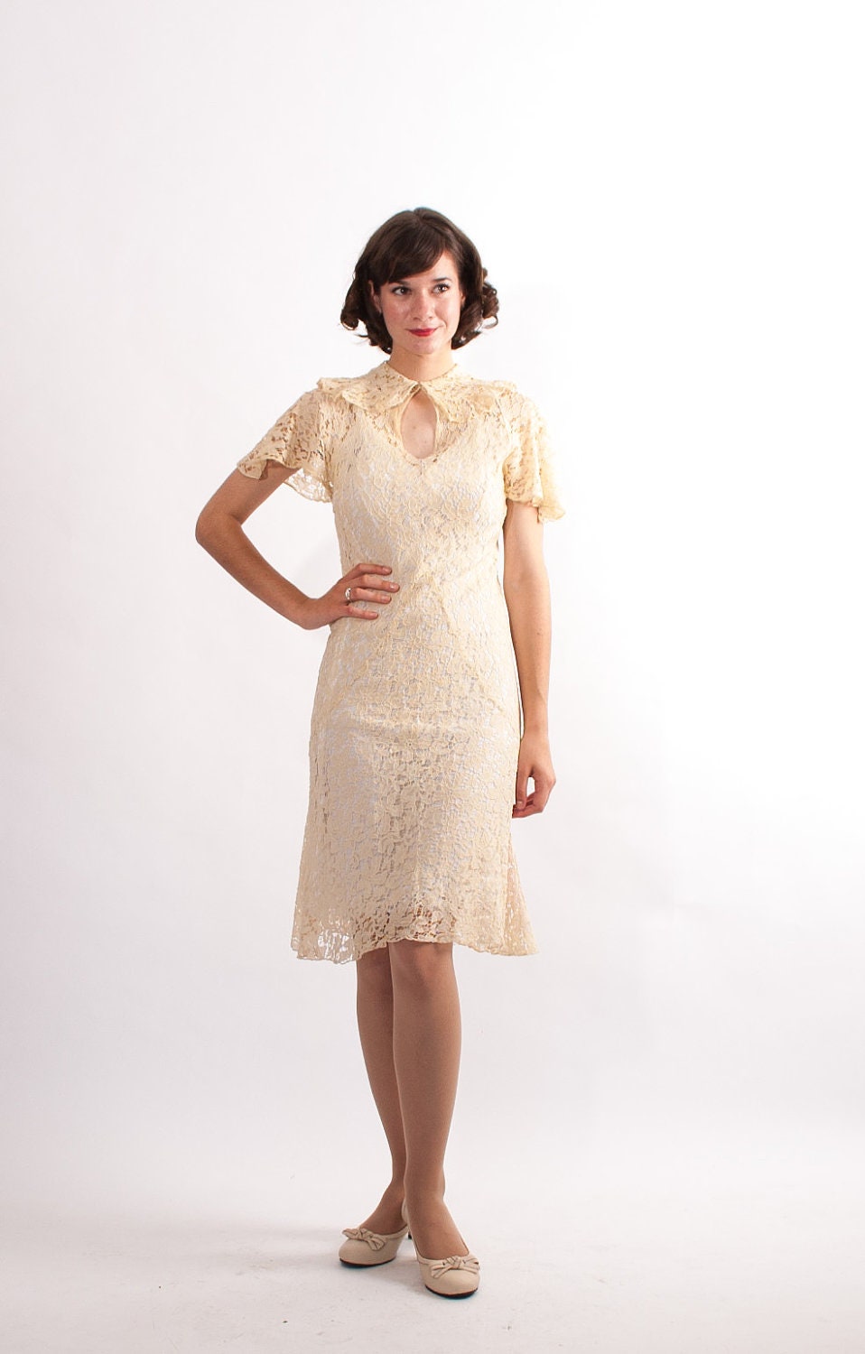 Vintage 1930s Lace Dress - 30s Wedding Dress - Ivory Floral Lace