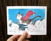 Digital print - Super cat flying above clouds - 5" x 7" - cat print - super hero animal art