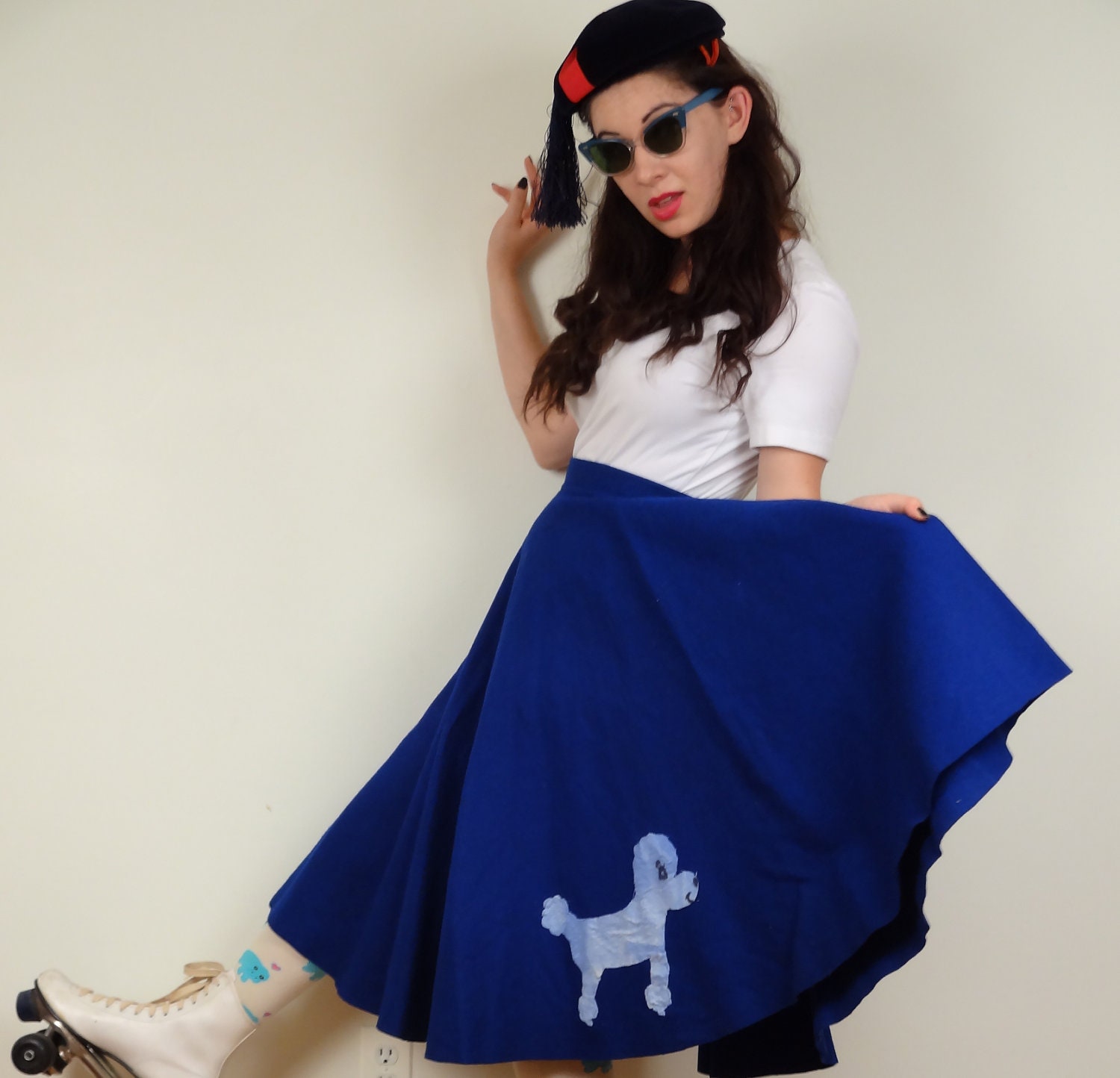 Vintage 1950s Poodle Skirt in Blue Felt, Adult Small