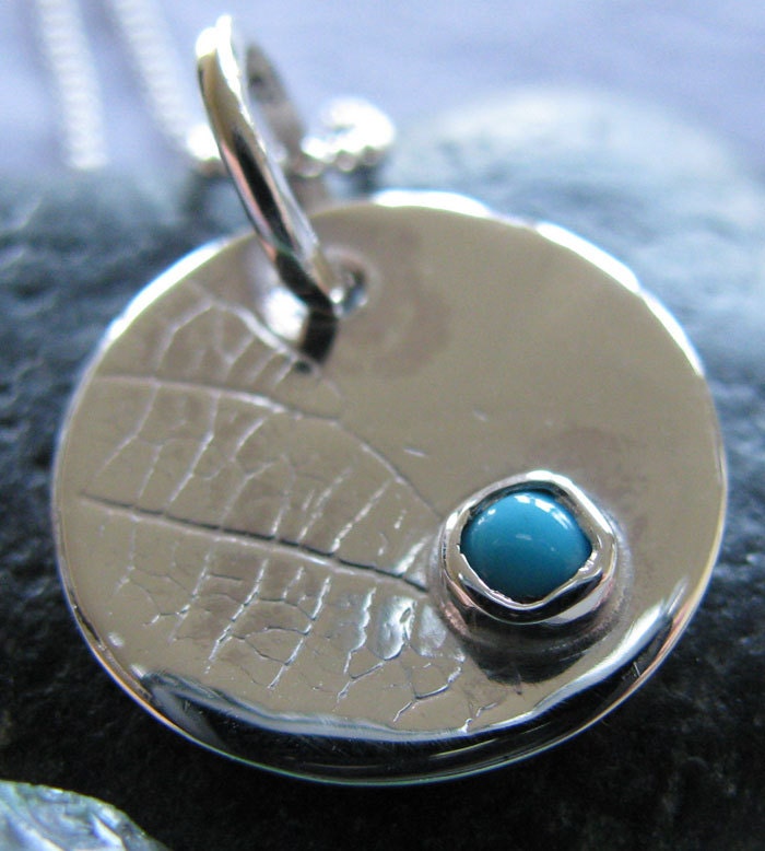 DEC Turquoise Silver Leaf Disc Necklace on Ball Chain : December Birthstone
