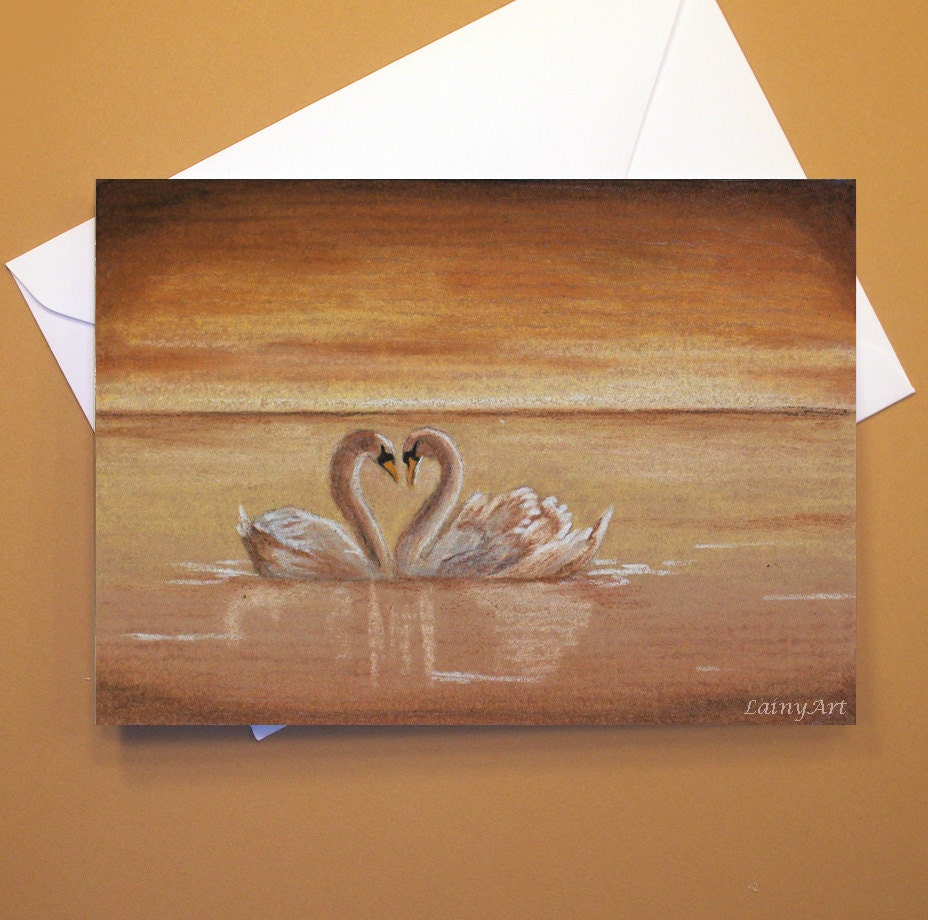 Art Greeting Card  - Created from Original ACEOs for Charity - Blank Notecard - 4x6 - Swan Love - Day 173
