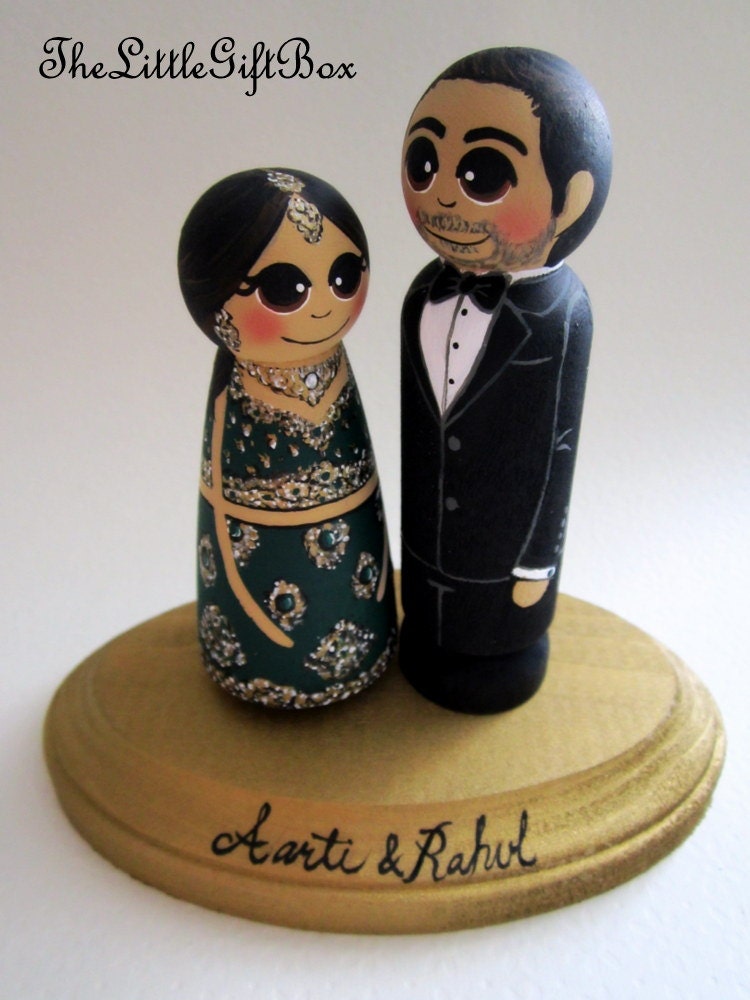 Wedding Cake Topper / Custom Painted Wood Peg dolls with plaque / Traditional Ethnic Wedding