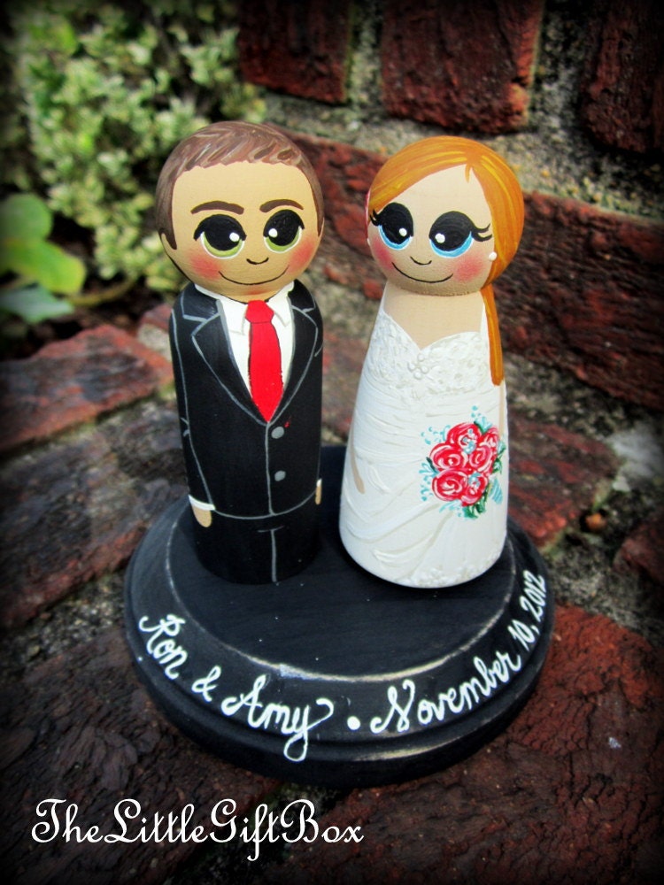 Wedding Cake Topper / Custom Painted Wood Peg Dolls with Plaque