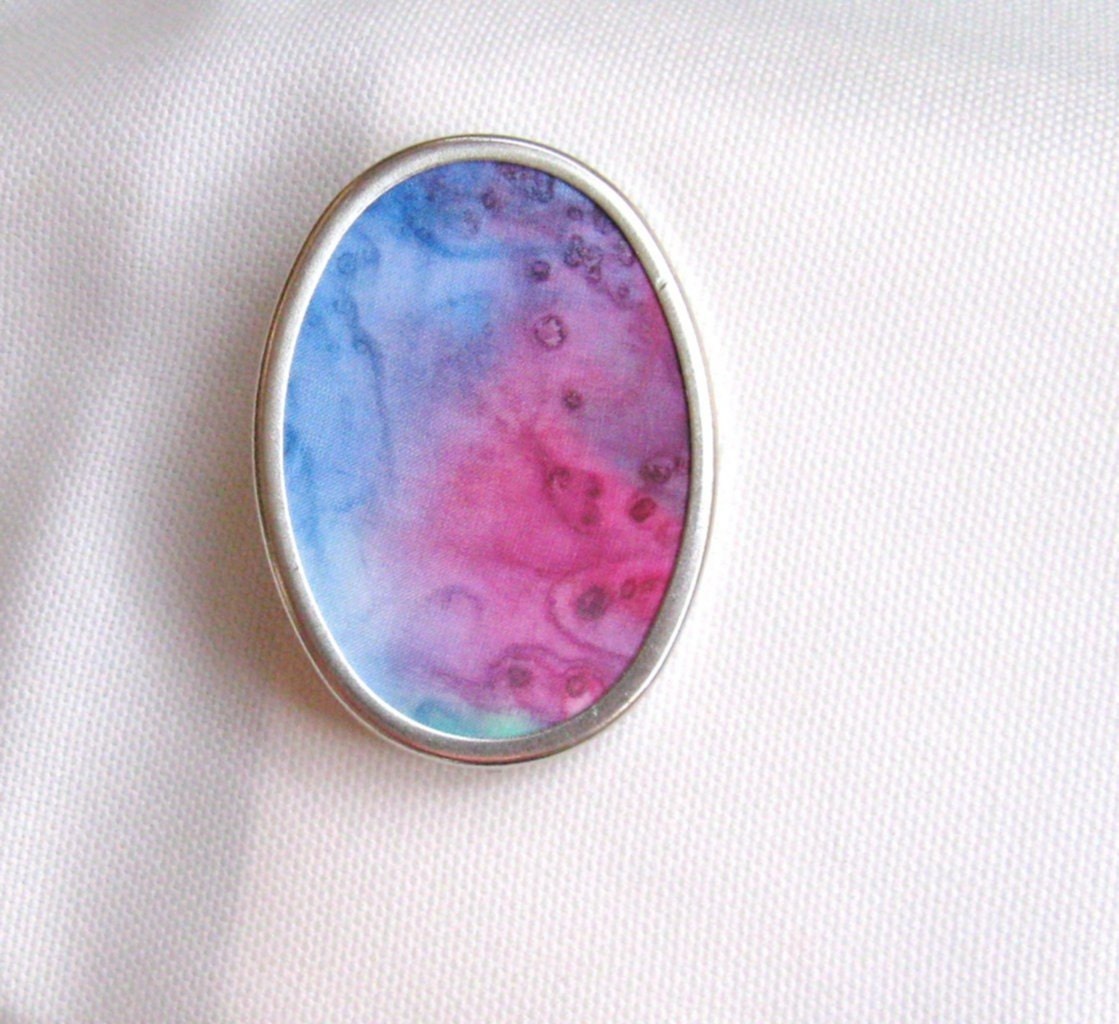 Hand painted silk brooch raspberry peacock blue and aqua design