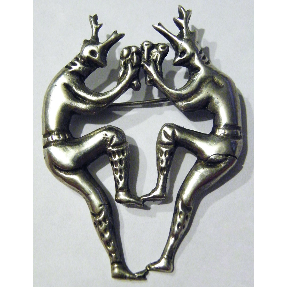 Taxco Sterling Silver Mexican Signed Stamped Antique Art Deco Vintage Large Brooch 1930s 1940s Pin Handmade Rare Deer Dancers