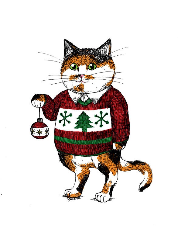 Christmas Cat holding Bauble wearing Knitted Jumper unframed art print gift under 25