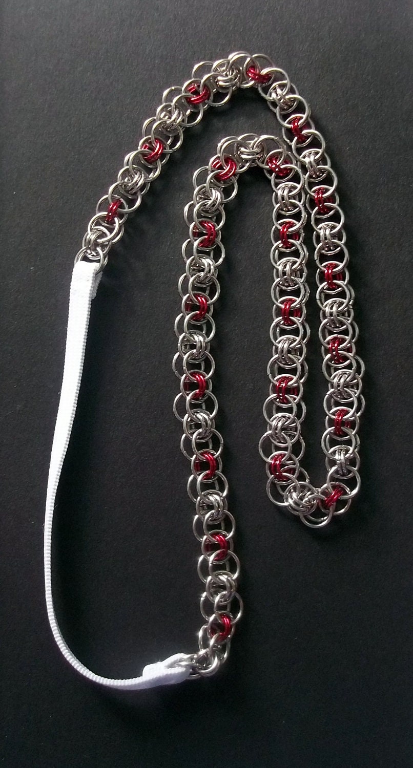 Chainmaille Hair Band.  Steel with Red.