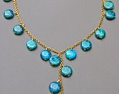 Chrysocolla Necklace gold plated chain turquoise stone blue green choker metal  birthday for her big beaded azurite circle strand tassle