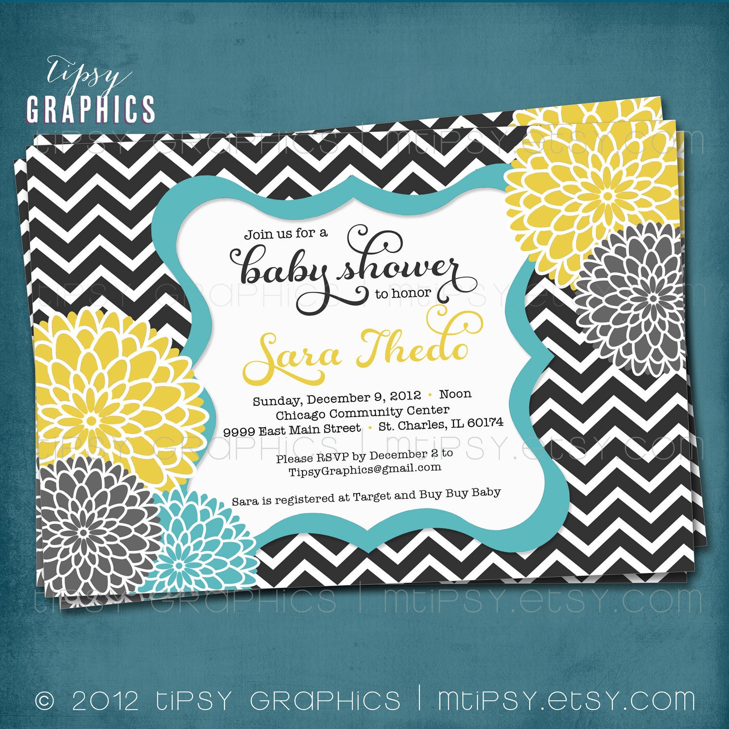 Spa Pom Pom. Chevron Mums Baby / Bridal Shower Invite by Tipsy Graphics. Any colors and text. Il_570xn