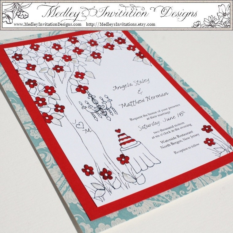 Whimsical Blossoming Tree, Red and Turquoise