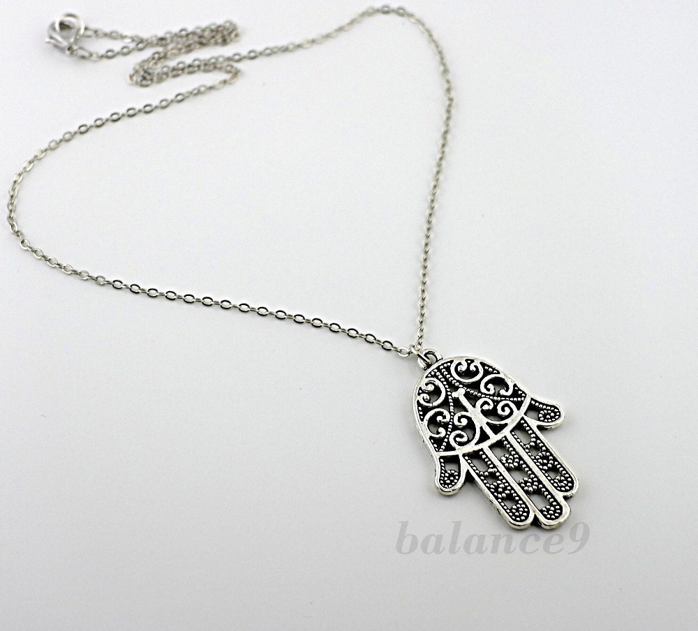 Hamsa Necklace, hand of Fatima, Antique silver filigree charm pendant, amulet jewelry, by balance9