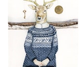 Deer Print illustration Deer in blue winter Jumper 8x11 - ChasingtheCrayon