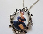 Art Deco Sexy Glass Cameo Pin Up Girl in Black and White set in Silver Plated Frame with Swarovski Crystals on Silver Chain Retro Rockabill