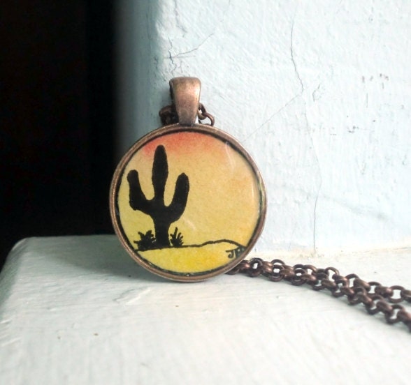 Southwest Cactus Necklace - Original Art - Orange Yellow Red Sunset Desert Cactus Necklace, Original Watercolor Necklace