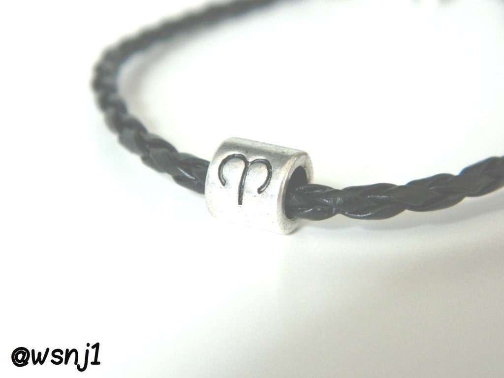Aries, Taurus, Cancer, or Gemini Zodiac Bracelet, Silver European Style Slide Charm on Black Braided Leather Bracelet