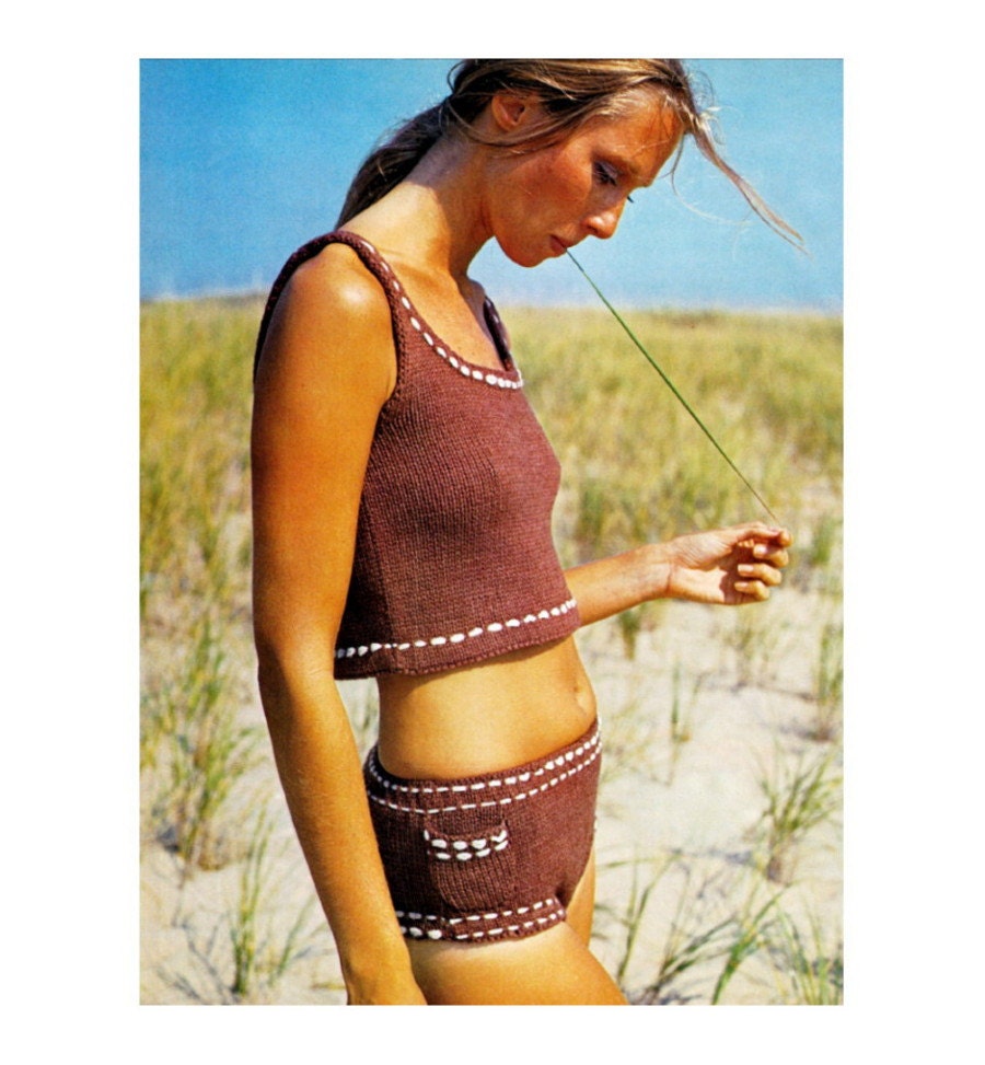 Vintage Knitting Pattern Boy Short Bikini Hip Hugger 1970s Tankini Digital Download PDF
