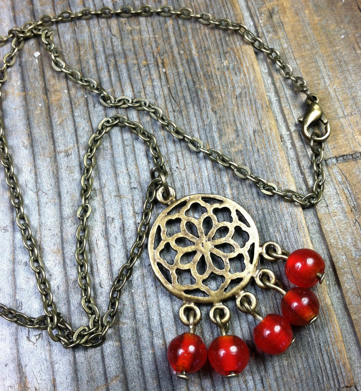 Passion Necklace - antique brass / gold metal chandelier charm / pendant - red glass - chain
